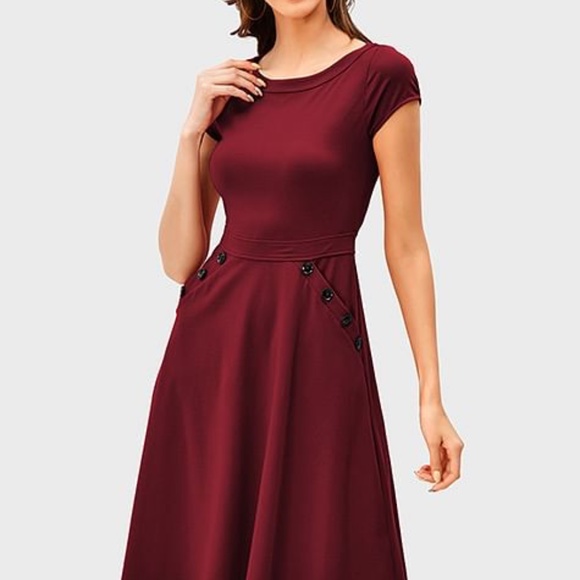 eShakti Red Midi Dress with Elegant Flair - Picture 2 of 6